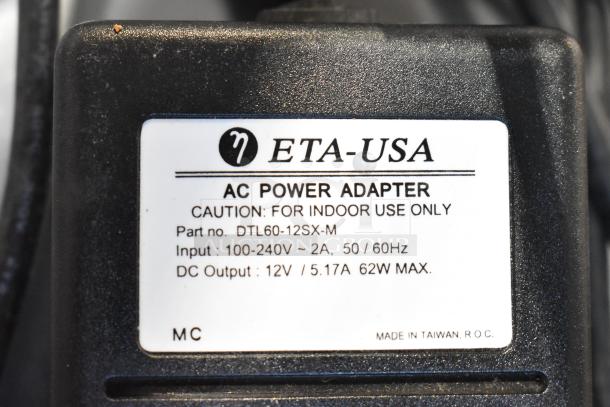 ETA-USA AC power adapter, part no. DTL60-12SX-M, 100-240V input, 12V output, 62W max, made in Taiwan, for indoor use.