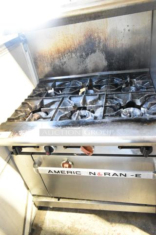 2016 American Range AR-6 commercial gas range with 6 burners, oven, overshelf, and backsplash; shows use signs.