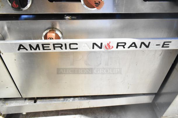 2016 American Range AR-6, 6-burner gas range with oven. Features over shelf, backsplash, visible brand logo. Good condition.