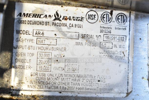 Label on 2016 American Range AR-6 commercial gas range, detailing model, BTU output, and compliance certifications.