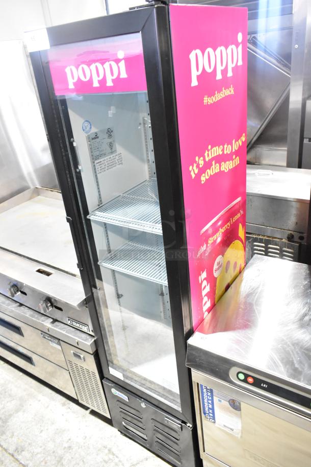 Imbera VR08 commercial single door reach-in cooler merchandiser with poly-coated racks, branded poppi exterior, 115V, 1 phase.