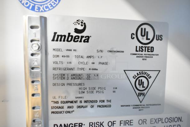 Imbera VR08 commercial cooler, 115V, with poly-coated racks shown with label indicating UL listing and refrigerant details.