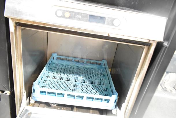 Hobart LXIH commercial undercounter dishwasher with blue rack, 120/208-240V, 1 phase, used condition.