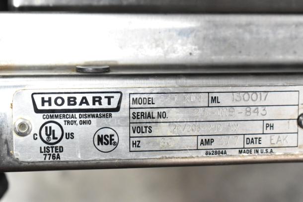 Hobart LXIH Commercial Undercounter Dishwasher label showing model, voltage, phase details, UL and NSF certifications.