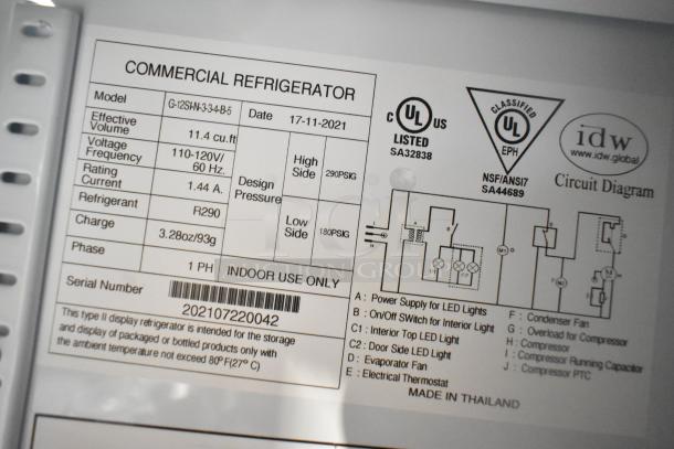 2021 IDW G-12SI-N-3-3-4-B-5 commercial single door cooler; 115V, 1-phase, poly coated racks, model info visible.