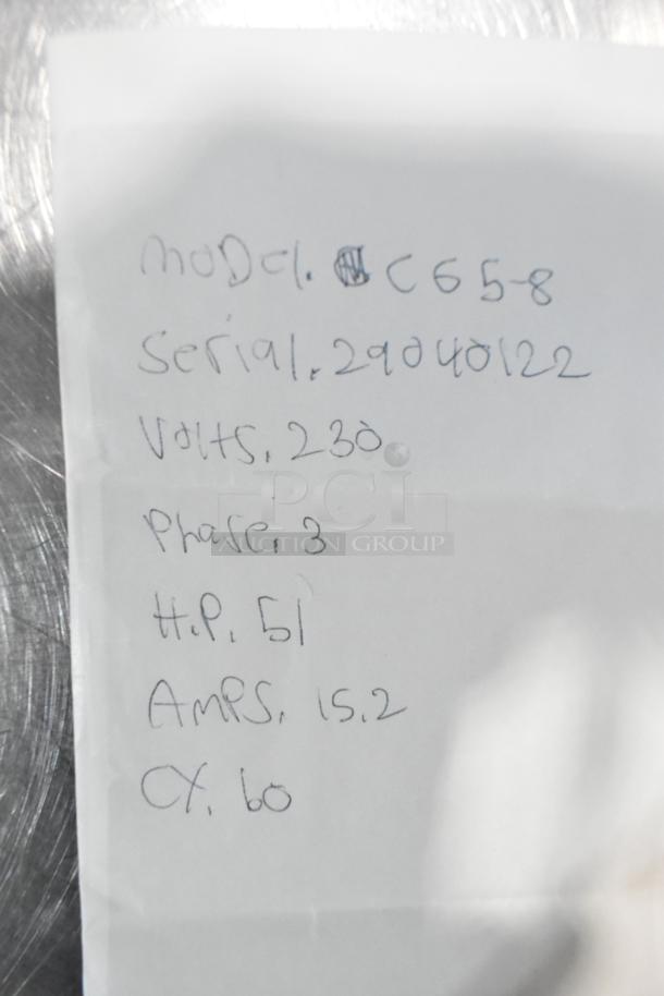 Handwritten note detailing C65-8 commercial unit specs: 230 volts, 3 phase, 51 HP, 15.2 amps, 60 Hz, serial 29040122.
