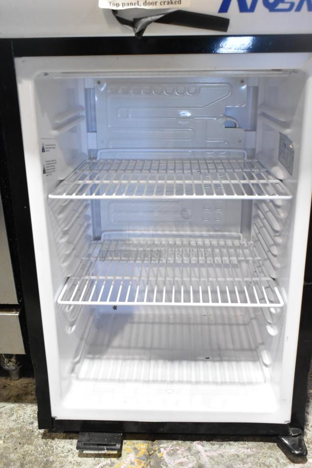 Atosa CTD-3ST commercial mini cooler with three shelves, single door model. Top panel and door cracked. 115V, 1 phase.