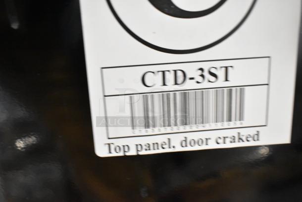 Atosa CTD-3ST Mini Cooler label shows model and barcode. Note: "Top panel, door cracked" indicates damage.