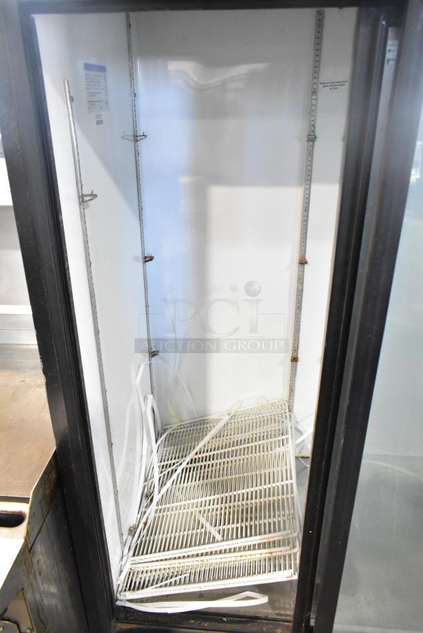Beverage Air MT38 commercial cooler, 2-door, interior view. Features shelving brackets; 115 volts, 1 phase.