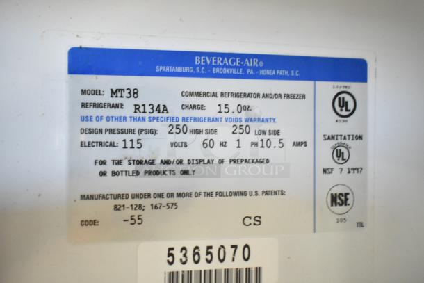 Beverage Air MT38 2-door cooler label showing model, voltage, refrigerant type, pressure specifications, and safety certifications.