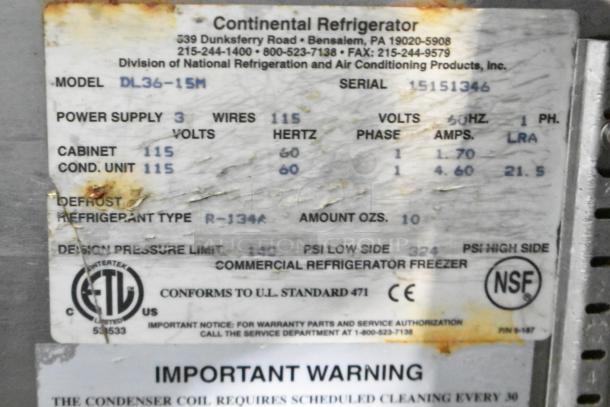 Continental DL36-15M commercial sandwich prep table label with specs; 115 volts, R-134A refrigerant; minor wear visible.