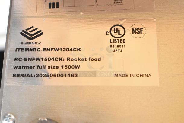 Rocket Cooking RC-ENFW1204CK commercial food warmer label, showing model, UL and NSF certifications, 1500W, made in China.