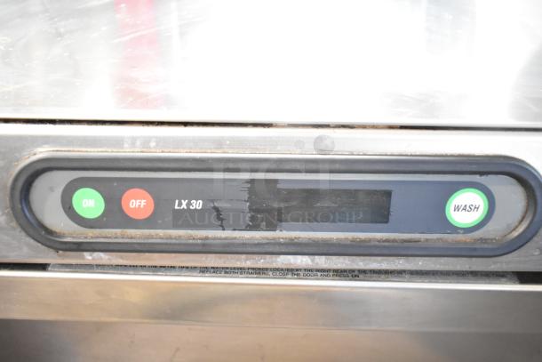 Hobart LX30H commercial undercounter dishwasher, visible control panel with power and wash buttons, model marking.