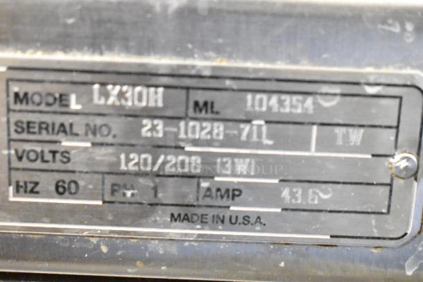 Hobart LX30H commercial undercounter dishwasher tag, 120/208 volts, 1 phase, serial no. 23-1028-71L, Made in USA.