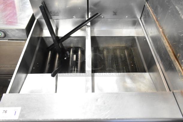 Pitco Frialator SR14-S commercial natural gas deep fryer with 2 bays, 110,000 BTU, stainless steel, used condition.