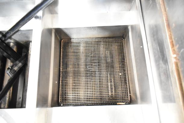 Pitco Frialator SR14-S commercial deep fat fryer, natural gas, 2 bays, 110,000 BTU, showing interior view, used condition.