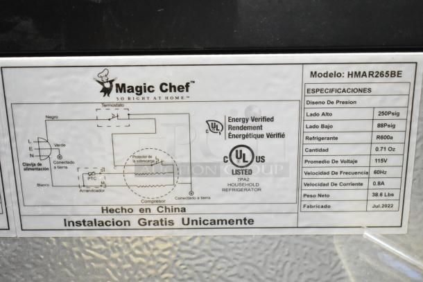 Magic Chef HMAR265BE Mini Cooler label, 115V, 1 Phase, Energy Verified, UL Listed, made in China, July 2022.