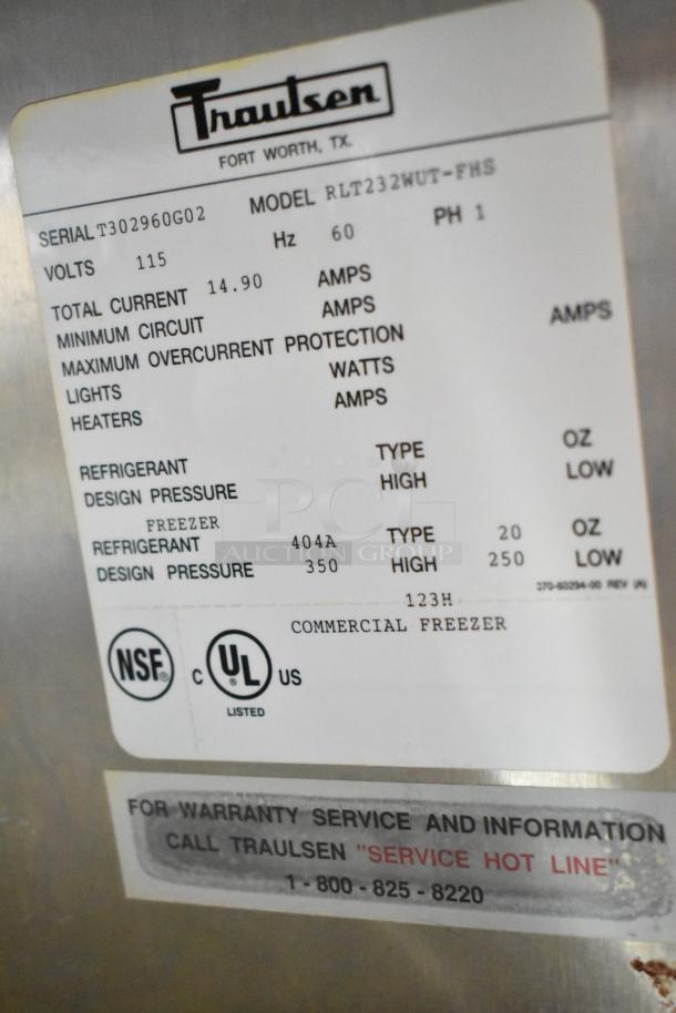 Traulsen RLT232WUT-FHS commercial freezer label, 115V, NSF, UL listed. Doors need reattachment; hinges missing.
