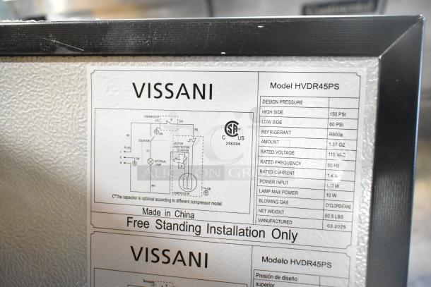Vissani HVDR45PS cooler with freezer, voltage 115V, 1 phase. Features include R600a refrigerant, free-standing. Made in China.