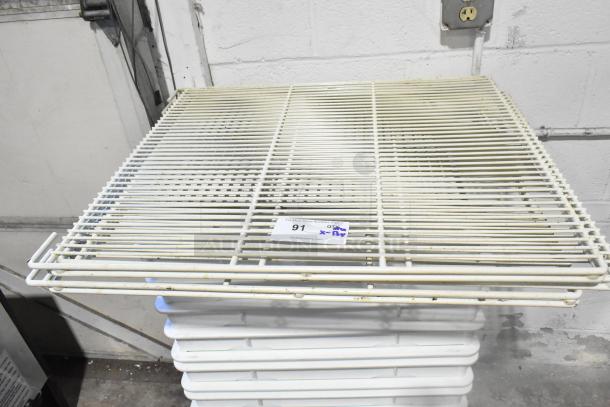 10 white ply dough bins with three white finish racks, shown stacked. Label reads "91". Used, industrial condition.