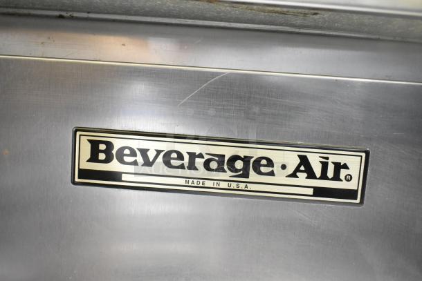 Beverage Air DP67 logo on stainless steel. Tag reads "Made in USA." Pizza prep table for commercial use.