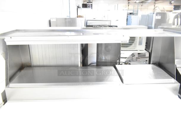 Beverage Air DP67 commercial pizza prep table with over shelf, on casters, stainless steel, 115V, 1 phase, used condition.