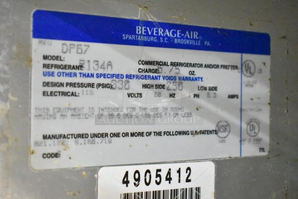 Beverage Air DP67 label showing model, refrigerant type R134A, voltage 115, and phase. Commercial use details included.