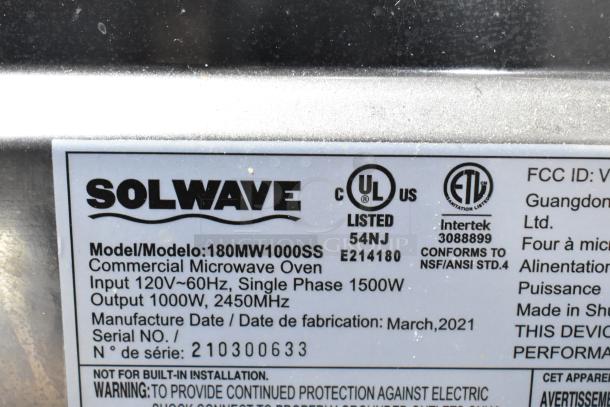 2021 Solwave 180MW1000SS Commercial Microwave Oven label, 120V, 1 Phase, Model 180MW1000SS, UL and NSF certified.