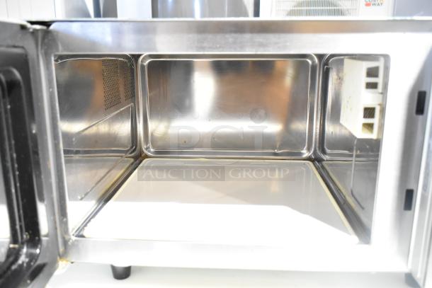 2021 Solwave 180MW1000SS commercial microwave oven, stainless steel interior, 120 volts, open door view.