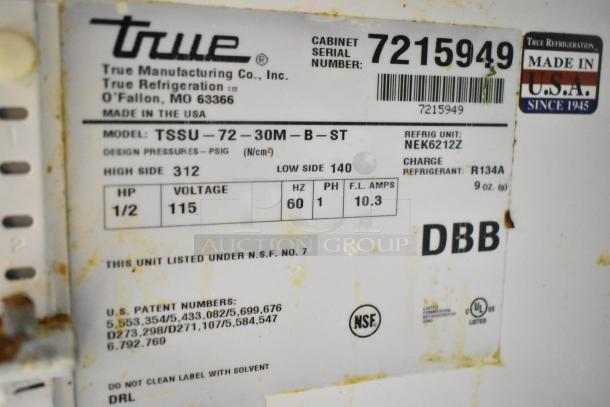 True TSSU-72-30M-B-ST commercial salad prep table tag. Features 115 volts, 1 phase, NSF certified, made in USA.