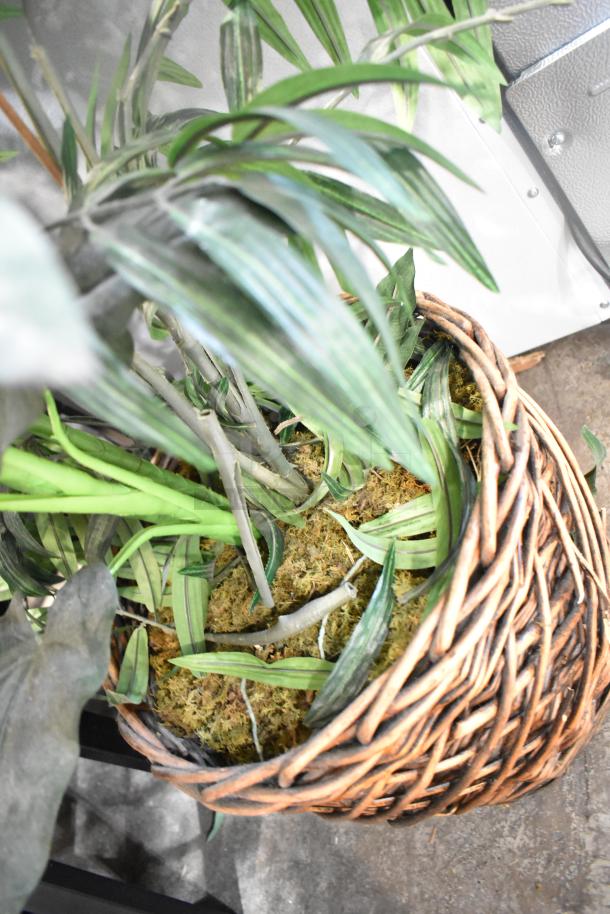 Two fake plants in a wicker basket with realistic green leaves and moss base, suitable for indoor decor.