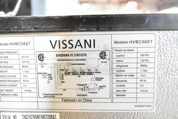 Vissani HVBC58ST Mini Cooler Merchandiser label. Features 115V, R600a refrigerant, 1.13oz capacity, 103 lbs weight. Made in China.