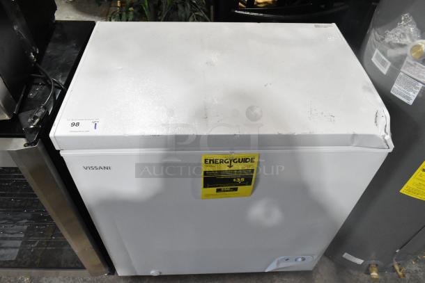 2025 Vissani HMCF7W5 chest freezer, 115 volts, slight wear on top, EnergyGuide label showing $35 estimated yearly cost.