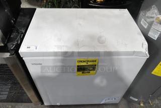 2025 Vissani HMCF7W5 chest freezer, 115 volts, slight wear on top, EnergyGuide label showing $35 estimated yearly cost.