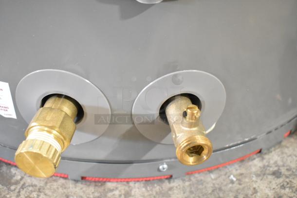 Rheem RSB565E hot water heater close-up, showing brass fittings and connectors. New condition, tags partially visible.