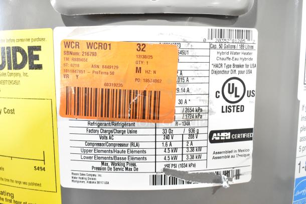 Rheem RSB565E Hot Water Heater, 50-gallon capacity, UL listed, AHRI certified, labels show model and energy specifications.