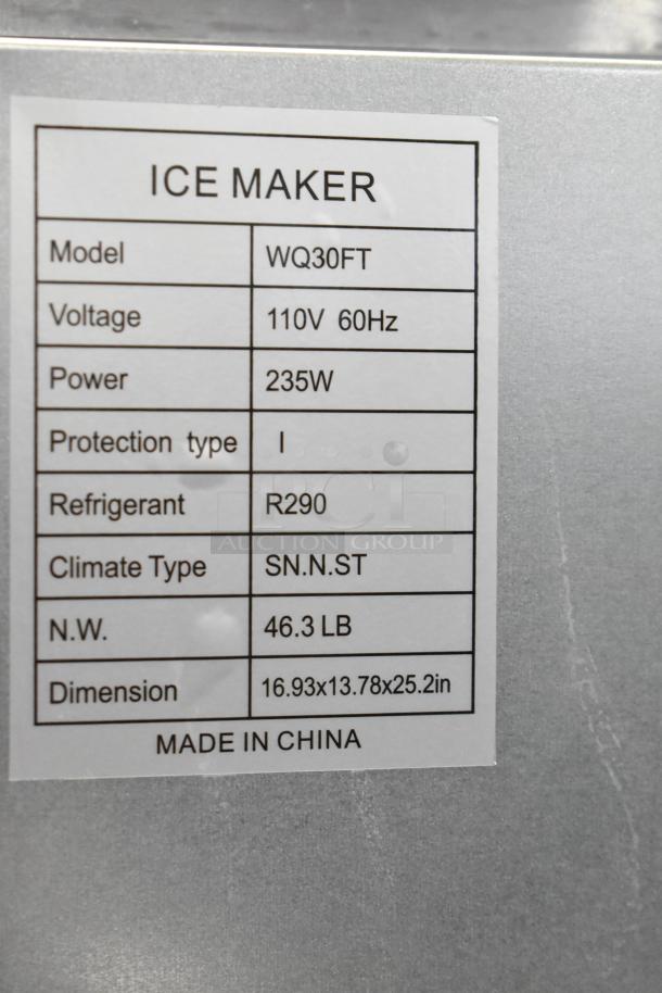 WQ30FT Commercial Undercounter Ice Machine label showing 110V, 235W, R290 refrigerant, 46.3 lb, and dimensions 16.93x13.78x25.2 in.