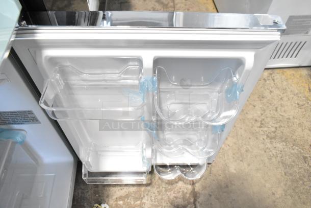 Frigidaire EFR840-MINT-6COM mini cooler, brand new, interior door view, clear shelves, with freezer, 115V, 1 phase.