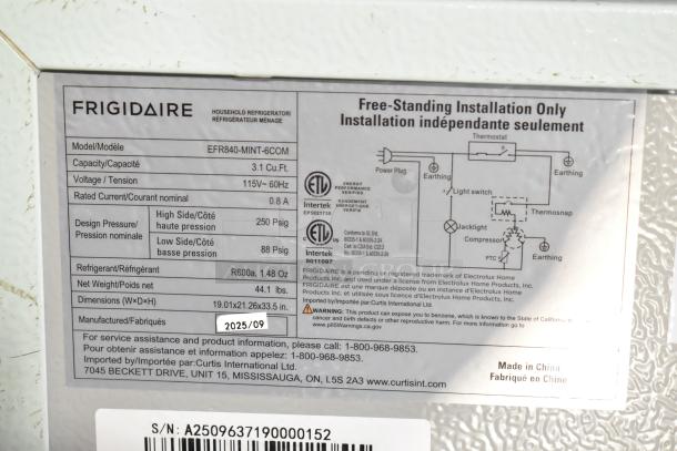 Frigidaire EFR840-MINT-6COM Mini Cooler label detailing model, 115V, 3.1 cu. ft., and manufacturing date 09/2025.