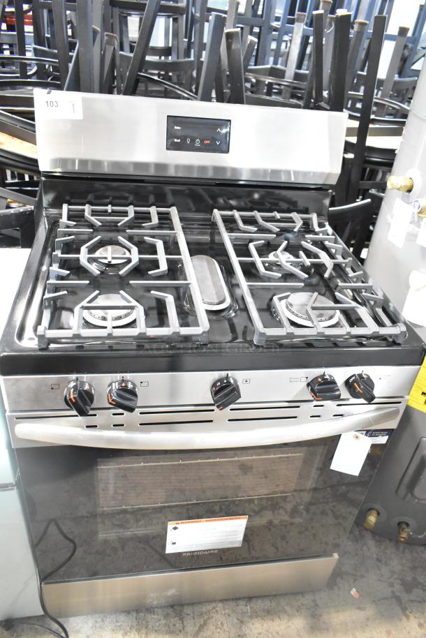 Frigidaire FCRG3052BSF, natural gas-powered 4-burner range with oven, stainless steel, control panel shown, new condition.