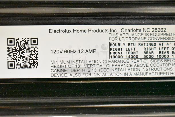 Frigidaire FCRG3052BSF gas range label showing BTU ratings, installation details, and power specifications.