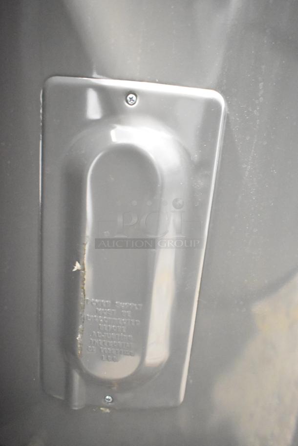 Rheem hot water heater panel, gray finish, 208/240 volts. Visible engraving on panel. Suitable for residential use.