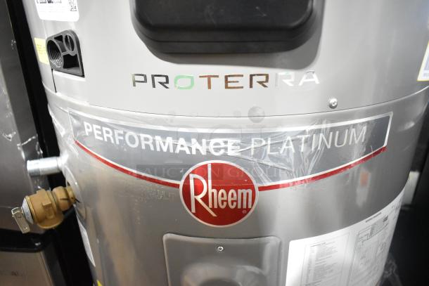 Rheem ProTerra Performance Platinum hot water heater, new condition, with visible logo and model markings.