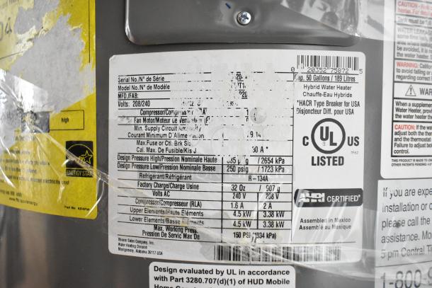 Rheem Hot Water Heater, 50 gallons. UL and AHRI certified labels. Voltage: 208/240V. Energy Star rated. Made in Mexico.