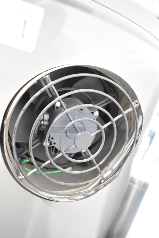 Rheem COC1I8V hot water heater, 208/240V, fan vent detail, grey finish, excellent condition.