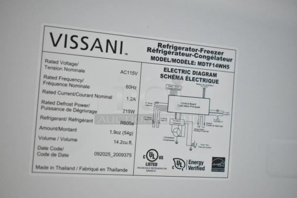 Alt text: Vissani MDTF14WH5 Reach In Cooler label showing specs: 115V, 60Hz, 1.2A, 215W defrost, 14.2 cu. ft., R600a refrigerant.