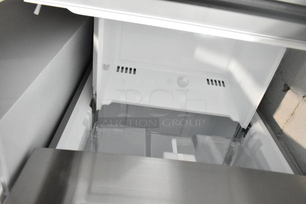 BRAND NEW Vissani MDBF18SS cooler w/ freezer drawer, 115V, 1 Phase. Slight scratch and dent, interior view showing shelves.