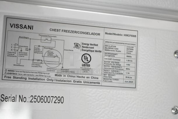 2025 Vissani HMCF5W5 Chest Freezer label showing specs: 115V, 1 phase, R600a refrigerant, 55.6 lbs, serial no. 2506007290.