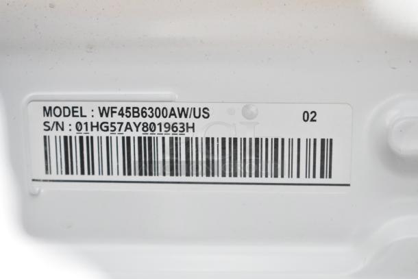 Barcode and label on Samsung WF45B6300AW/US washer showing model and serial number details.