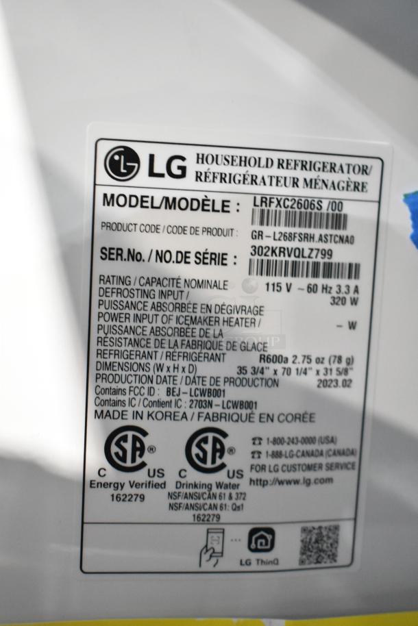 BRAND NEW LG LRFXC2606S/00 French Door Cooler, Drawer Freezer, Ice/Water Dispenser, 115V. Scratch and Dent. Model info visible.